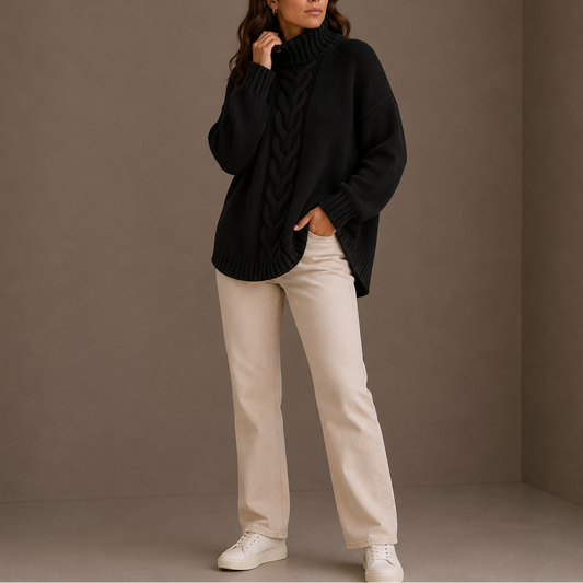 Kvinde i sort strikket sweater med høj hals og kabelmønster, kombineret med beige bukser og hvide sneakers._0