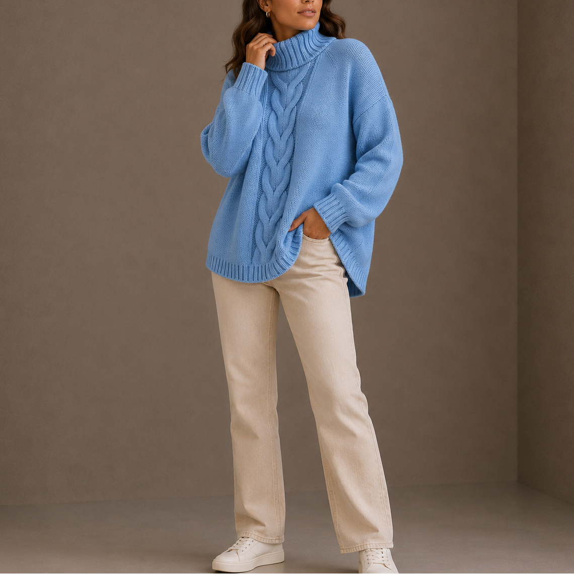 Liva | strikket sweater med høj hals og kabelmønster