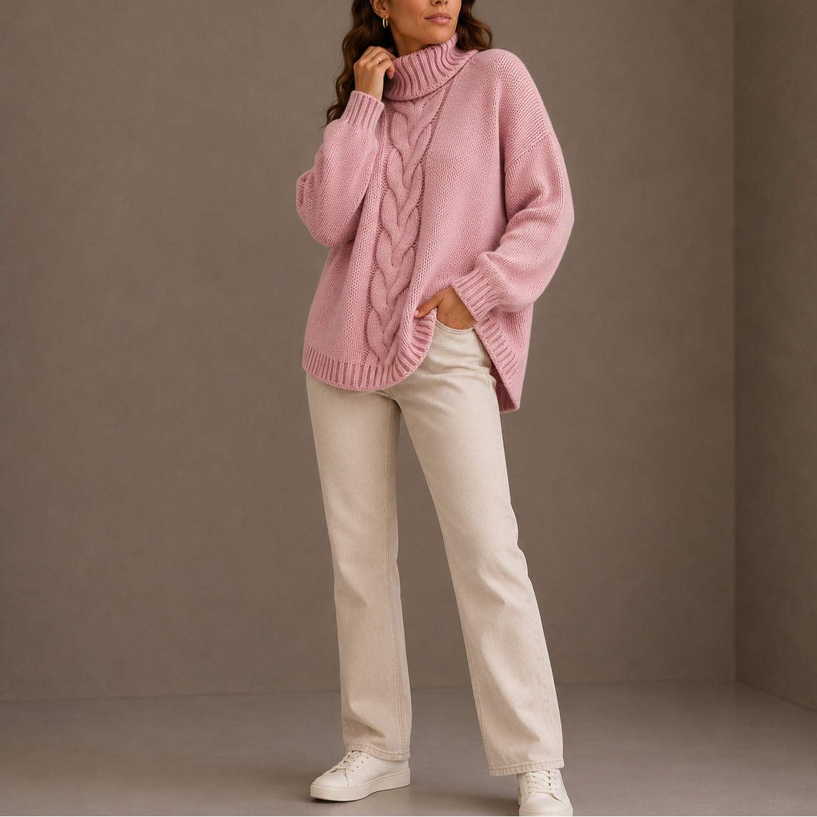 Liva | strikket sweater med høj hals og kabelmønster