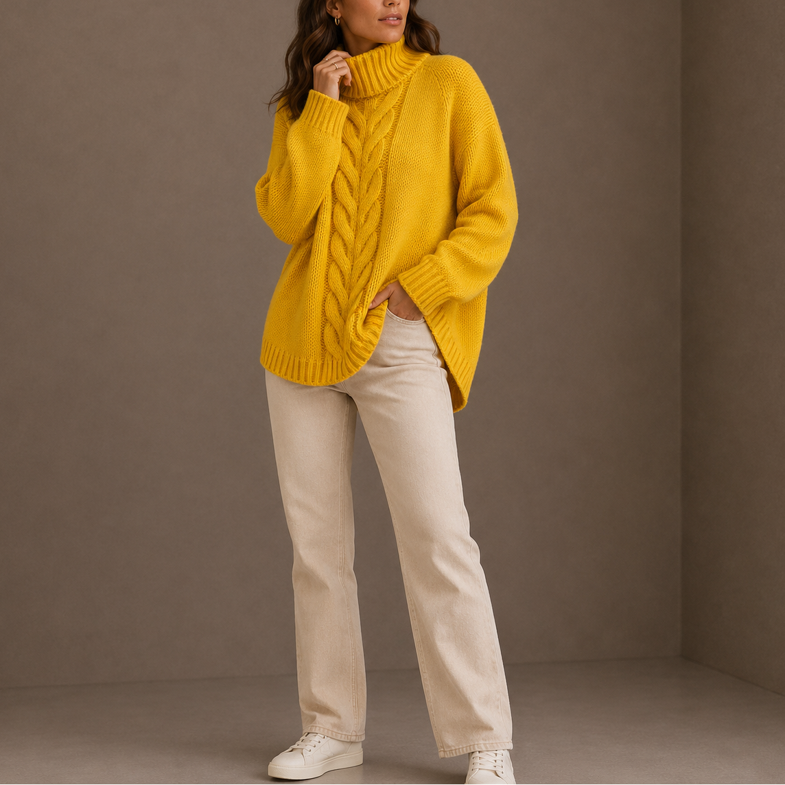 Liva | strikket sweater med høj hals og kabelmønster