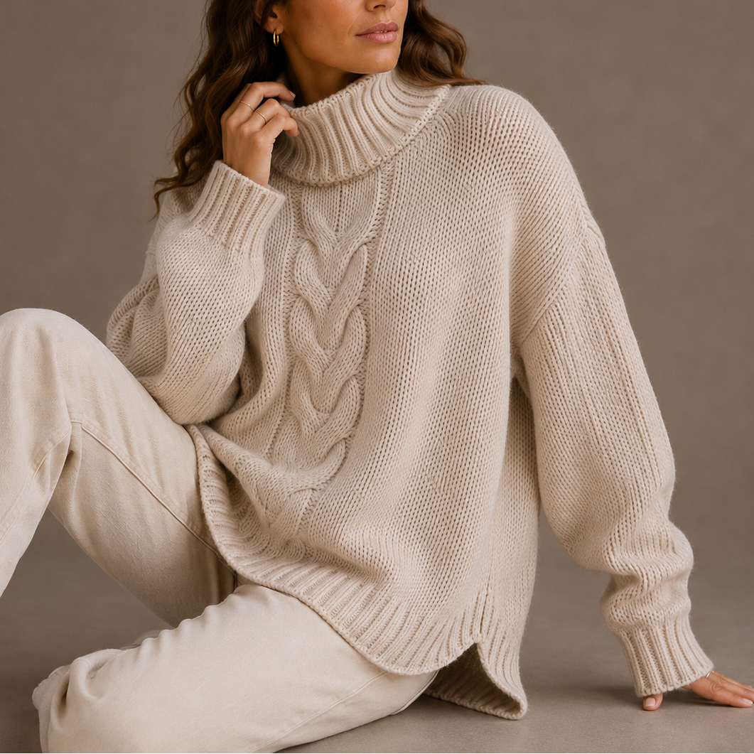 Liva | strikket sweater med høj hals og kabelmønster
