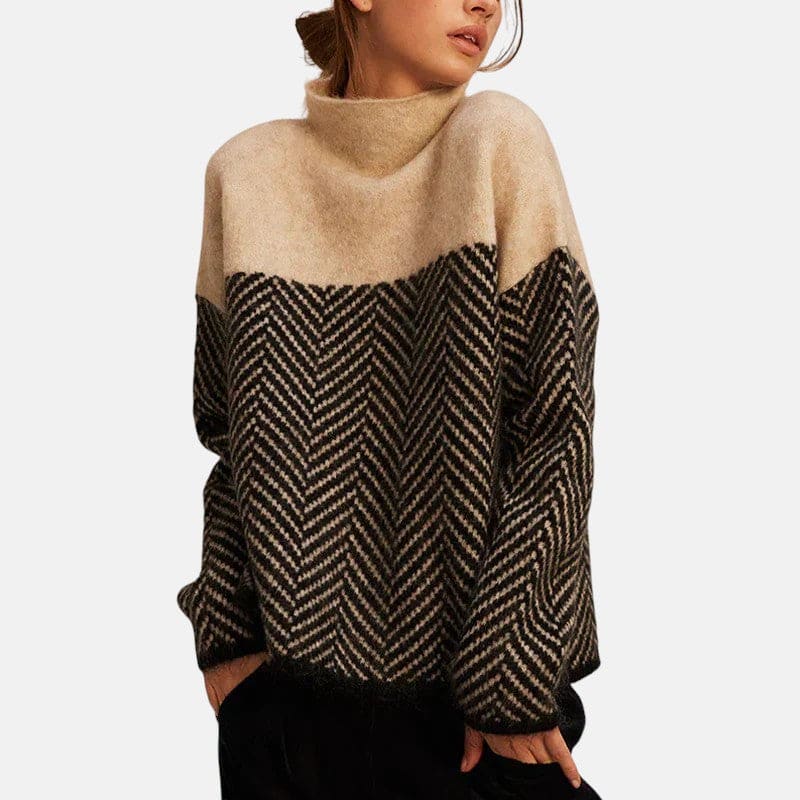 Britt | Strikket Sweater Med Høj Krave Og Grafisk Fiskebenmønster