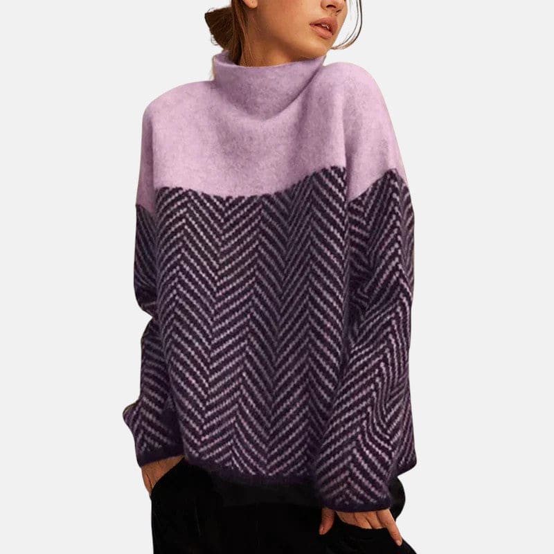 Britt | Strikket Sweater Med Høj Krave Og Grafisk Fiskebenmønster