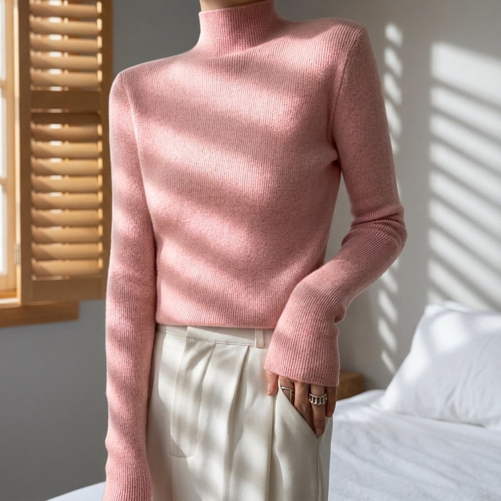 Kvinde iført lyserød strikket sweater med høj krave og slank pasform kombineret med hvide bukser i lyst dagslys_0