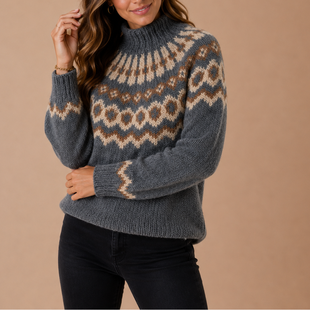Kvinde iført strikket turtleneck sweater med fair isle mønster i grå og beige nuancer._0