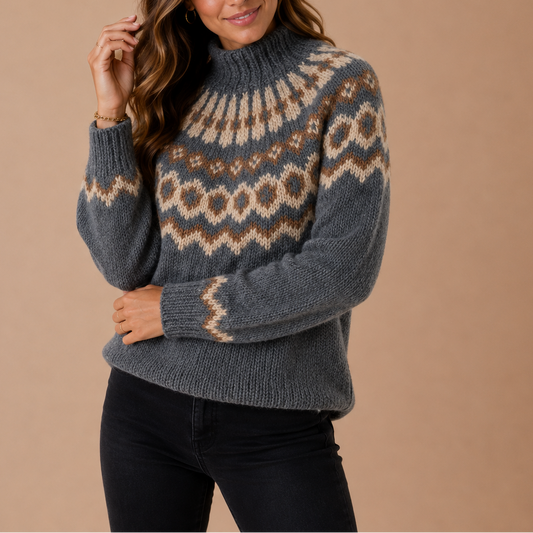 Kvinde iført strikket turtleneck sweater med fair isle mønster i grå og beige nuancer._0