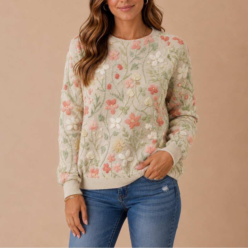 Kvinde iført en striktrøje med broderede blomster i lyse nuancer og jeans mod neutral baggrund_0