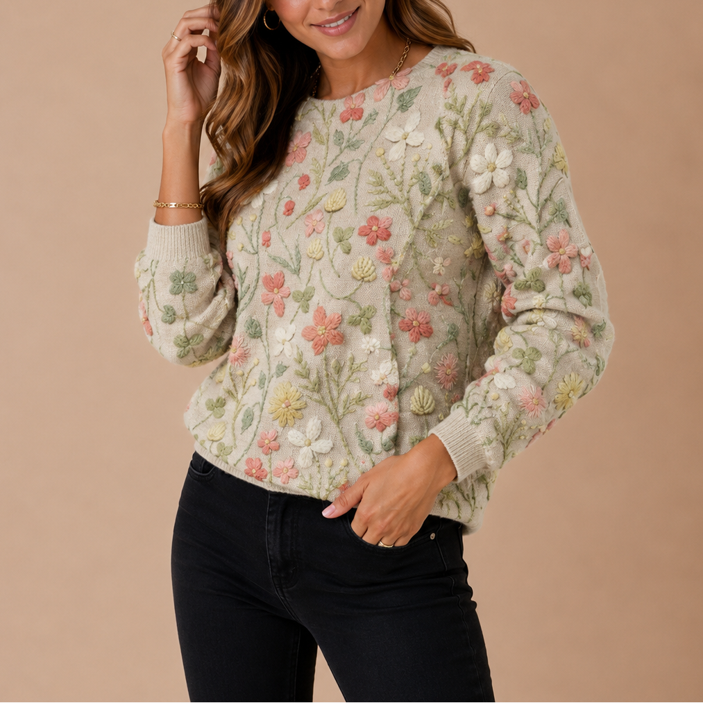 Kvinde iført en striktrøje med broderede blomster i lyse nuancer og jeans mod neutral baggrund_1