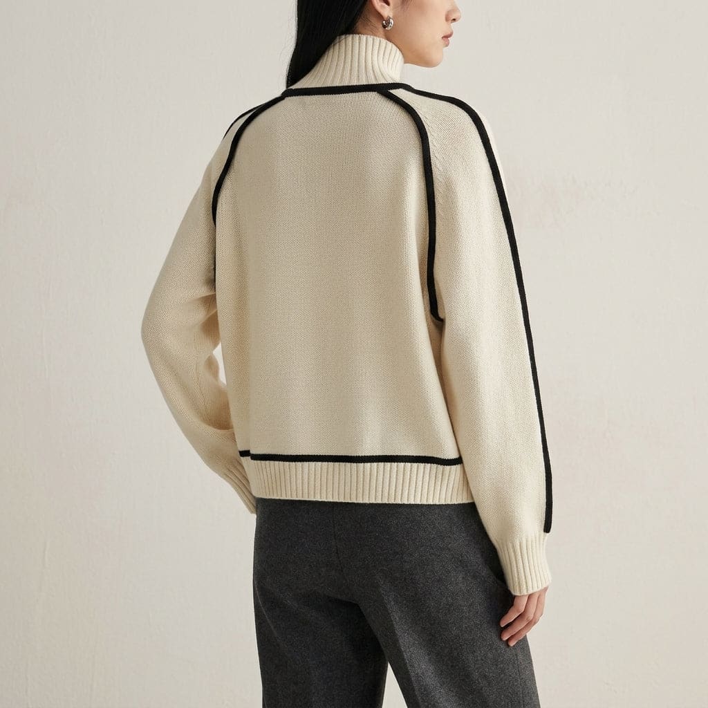 Model iført en beige striktrøje med høj hals, sorte kontrastdetaljer og raglanærmer, stylet med cremefarvet buks og sort bælte._4