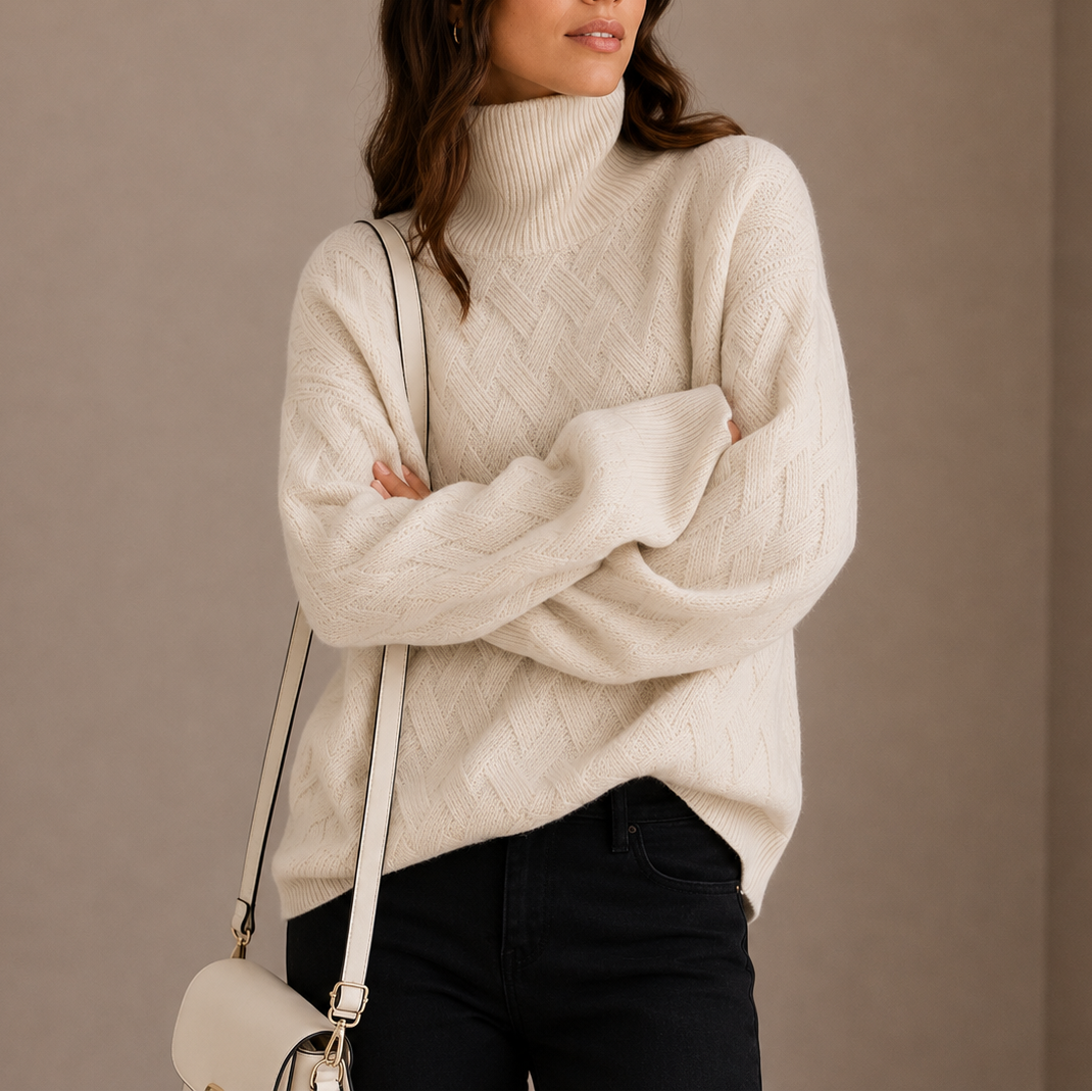 Kvinde iført en beige sweater med høj hals og struktureret flettemønster kombineret med mørke bukser._2