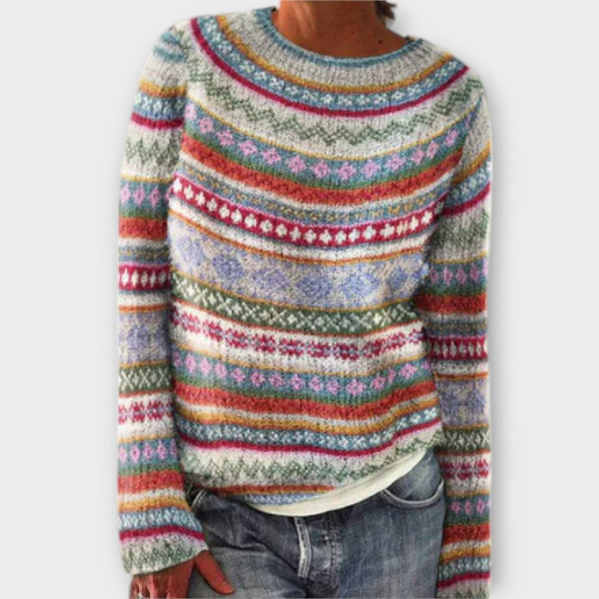 Rikke | Sweater Med Farverige Fair Isle Detaljer På Skuldre Og Ærmer