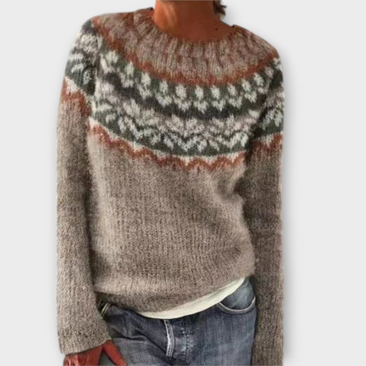 Rikke | Sweater Med Farverige Fair Isle Detaljer På Skuldre Og Ærmer