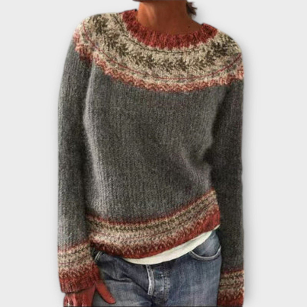 Rikke | Sweater Med Farverige Fair Isle Detaljer På Skuldre Og Ærmer