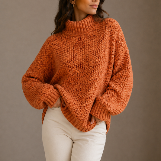 Kvinde iført en orange oversize sweater med høj rullekrave og chunky strik, stylet med beige bukser_0