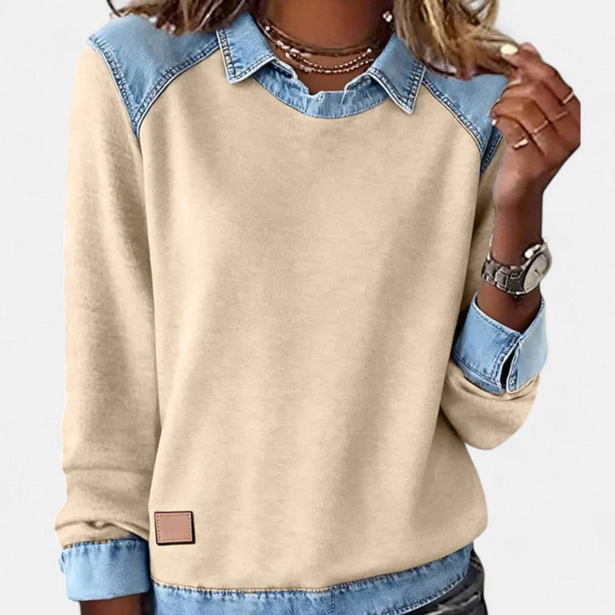 Sanne | Sweatshirt Med Denimdetaljer Og Rund Hals