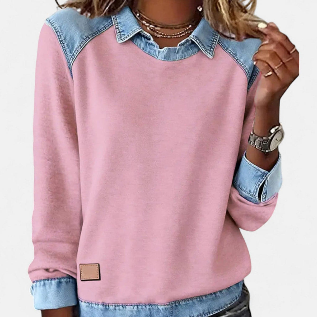 Sanne | Sweatshirt Med Denimdetaljer Og Rund Hals