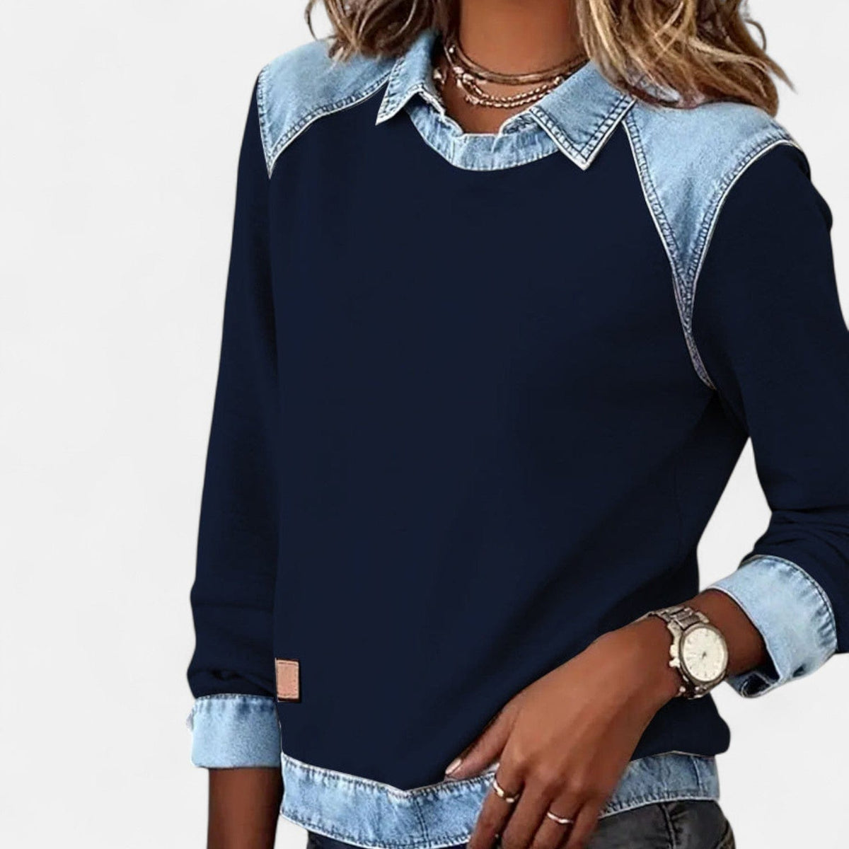 Sanne | Sweatshirt Med Denimdetaljer Og Rund Hals