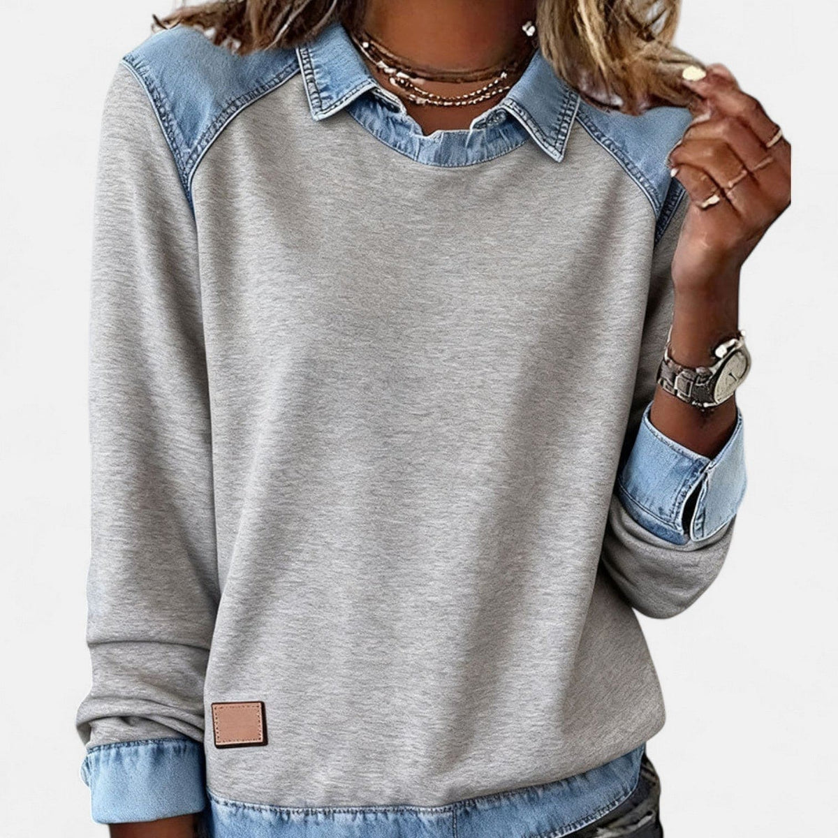 Sanne | Sweatshirt Med Denimdetaljer Og Rund Hals