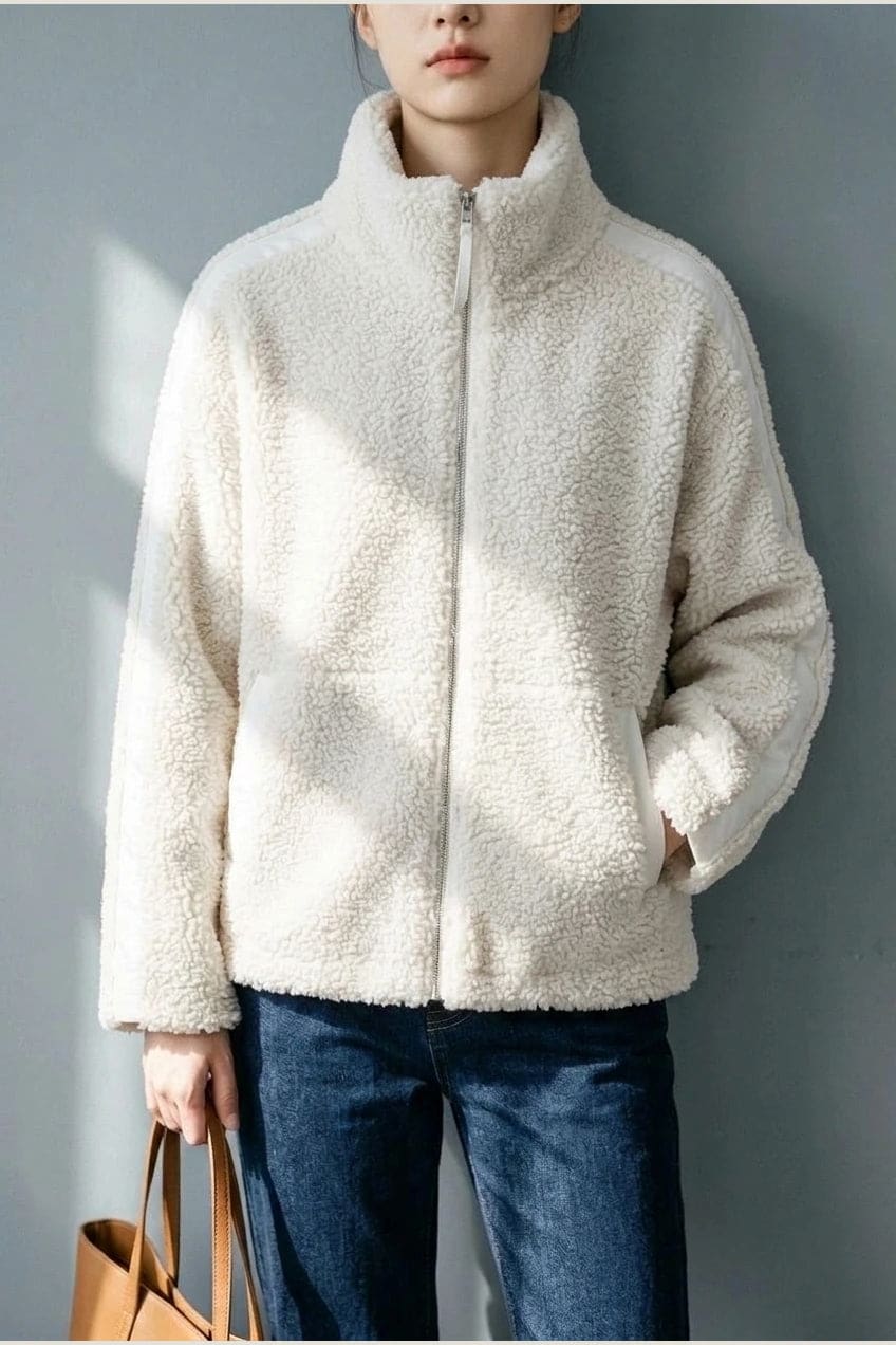 Kort teddyjakke med gennemgående lynlås, høj krave, glatte detaljer på ærmerne og to skrå lommer, styled med jeans og støvler._10