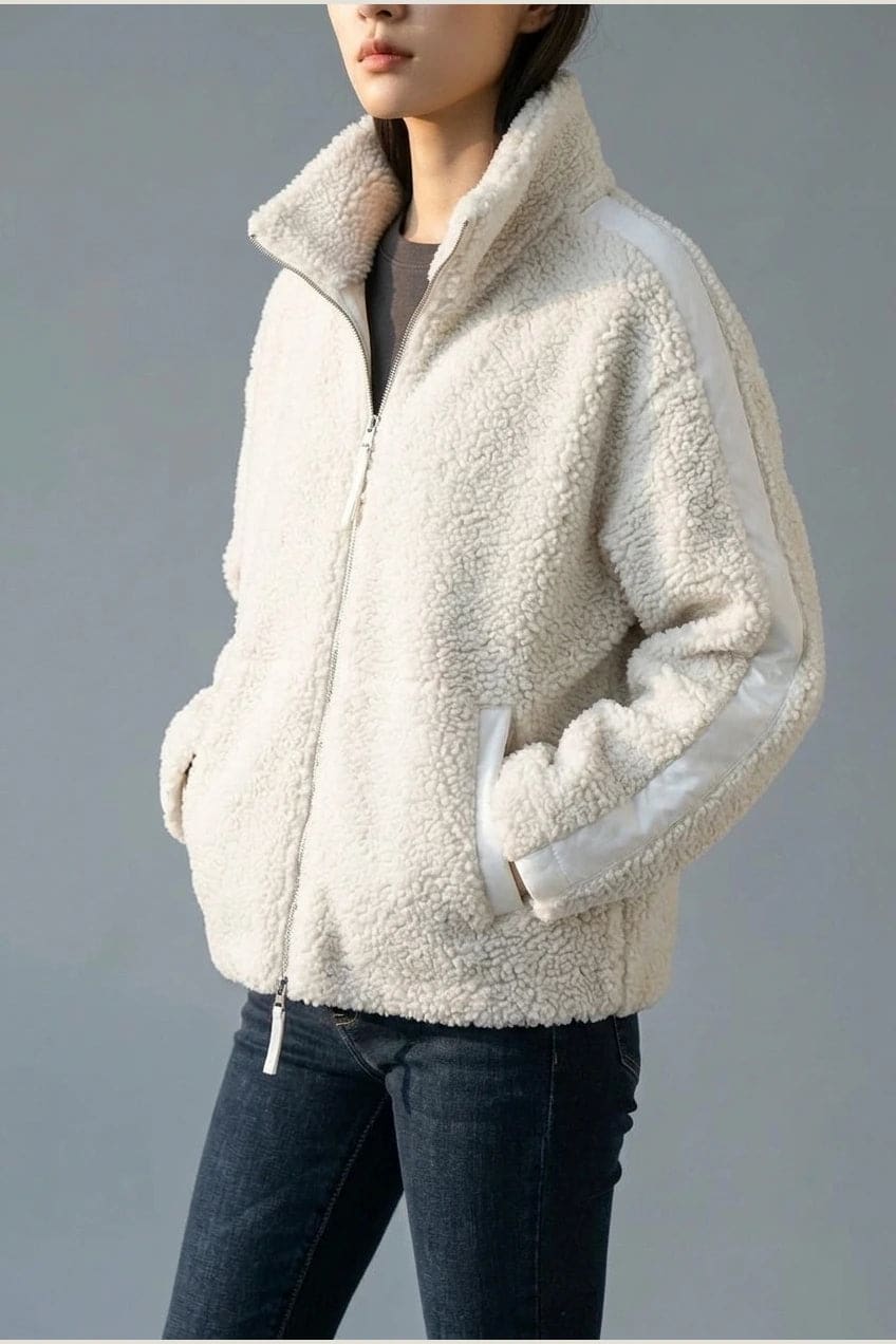Kort teddyjakke med gennemgående lynlås, høj krave, glatte detaljer på ærmerne og to skrå lommer, styled med jeans og støvler._11