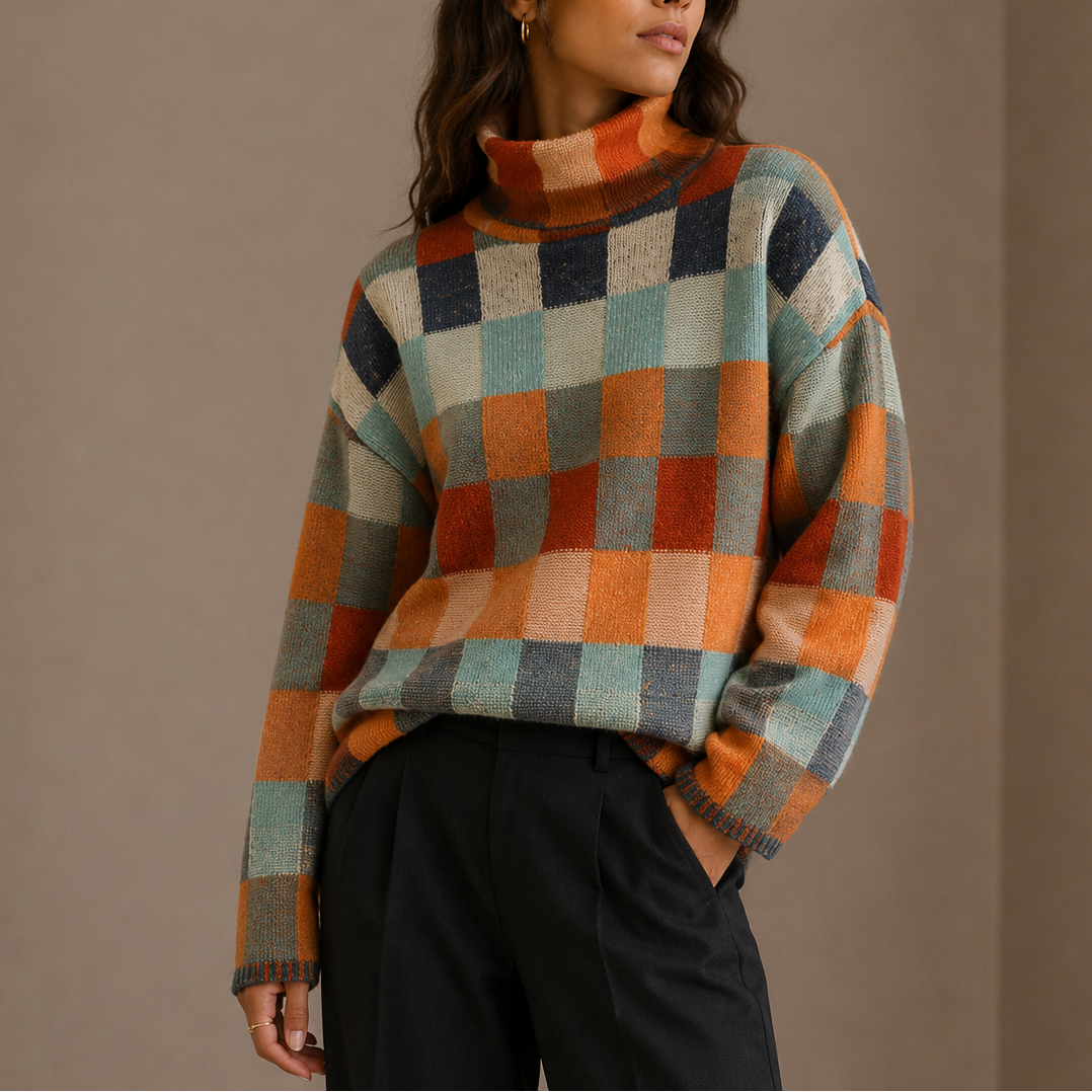 Model iført en ternet sweater med høj hals i orange, blå og beige nuancer, stylet med sorte bukser_0