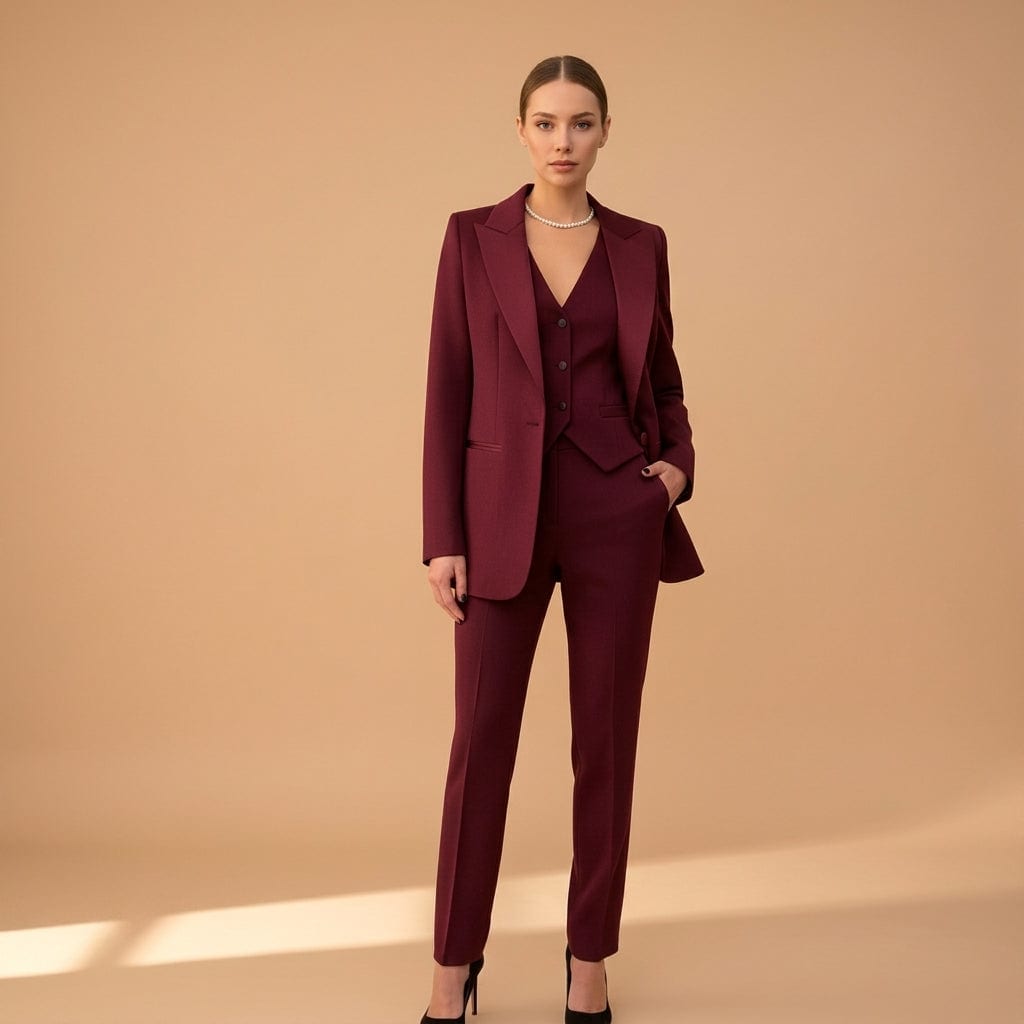 Kvinde iført tredelt jakkesæt bestående af blazer, vest og bukser på beige baggrund_0