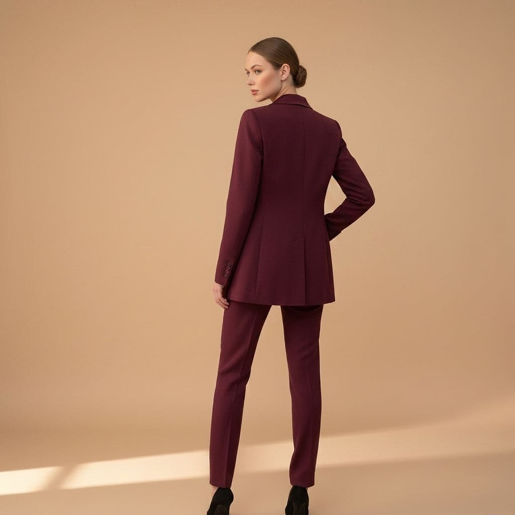 Kvinde iført tredelt jakkesæt bestående af blazer, vest og bukser på beige baggrund_4