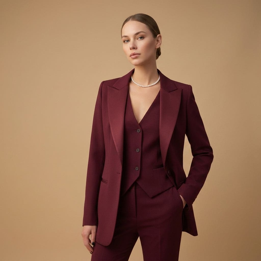 Kvinde iført tredelt jakkesæt bestående af blazer, vest og bukser på beige baggrund_5