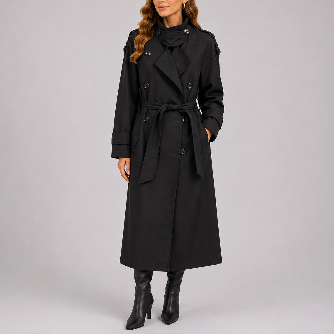 Kvinde iført en lang sort trenchcoat med bælte i taljen, dobbeltrækkede knapper og revers._0