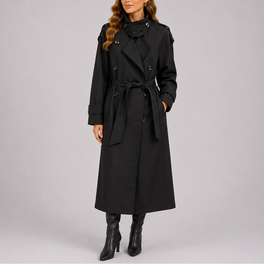 Kvinde iført en lang sort trenchcoat med bælte i taljen, dobbeltrækkede knapper og revers._0