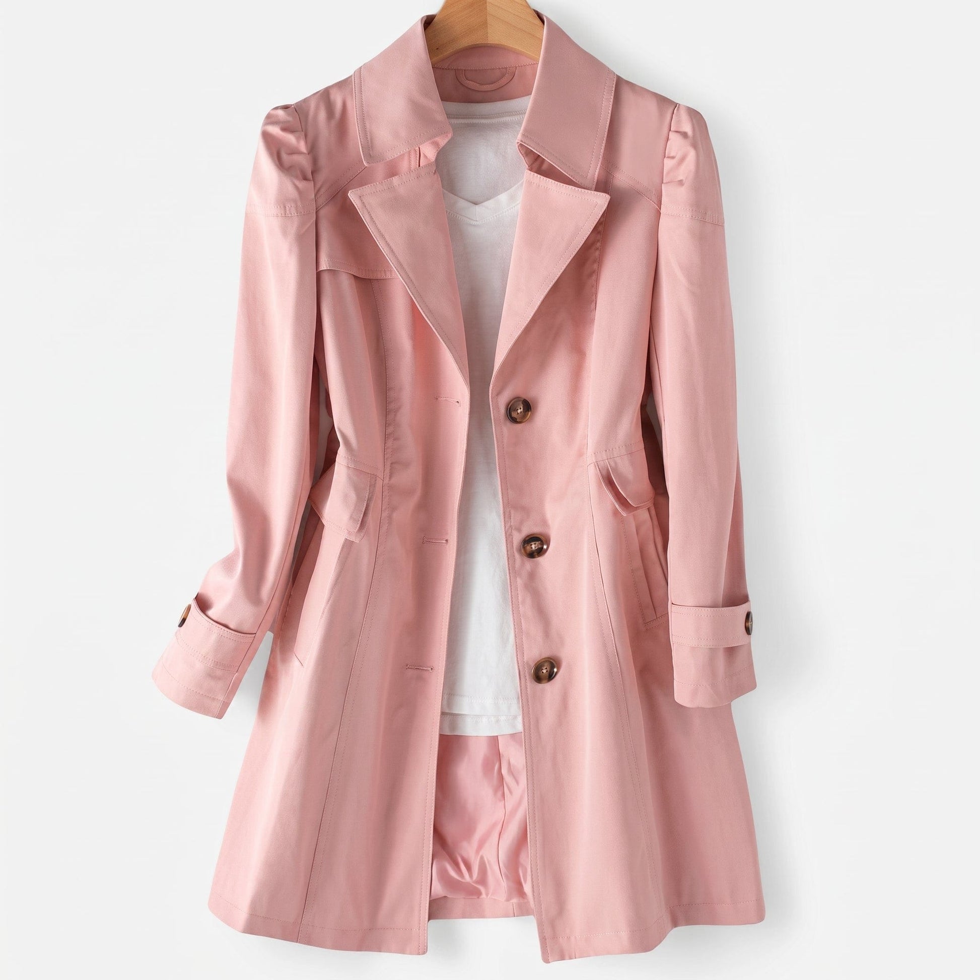 Rosa trenchcoat med klassisk revers, knaplukning og skræddersyet pasform hængende på bøjle over hvid top_0