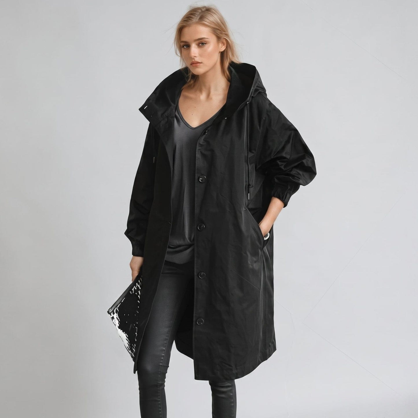 Model iført en sort longline trenchcoat i oversize-pasform med hætte og knaplukning på fronten, kombineret med mørke bukser_0
