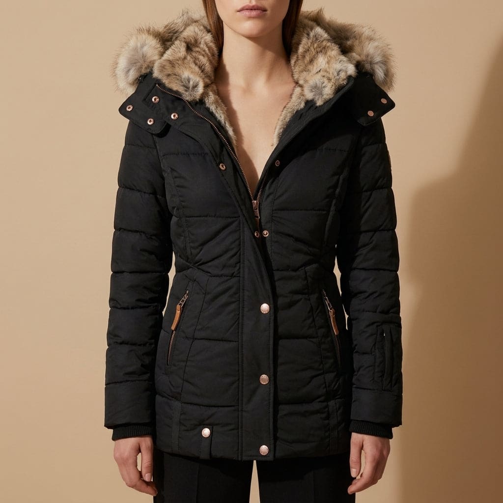 Model iført sort vatteret jakke med faux fur-hætte og slank pasform, fotograferet forfra mod neutral baggrund._0