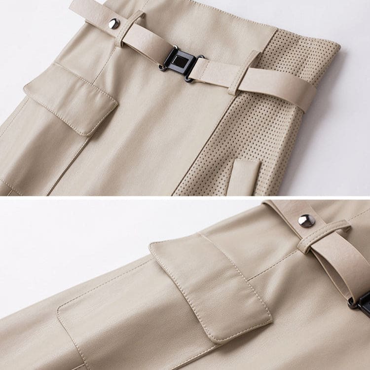 Nederdel med høj talje, bælte, asymmetrisk front og perforeret sidepanel._10