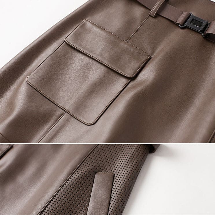 Nederdel med høj talje, bælte, asymmetrisk front og perforeret sidepanel._8