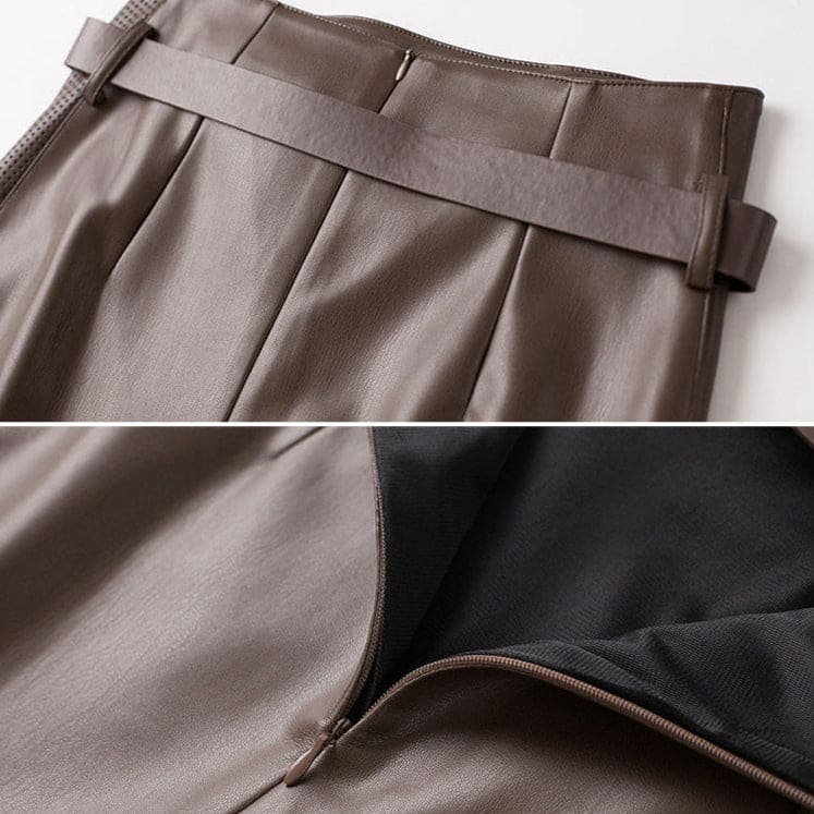 Nederdel med høj talje, bælte, asymmetrisk front og perforeret sidepanel._9