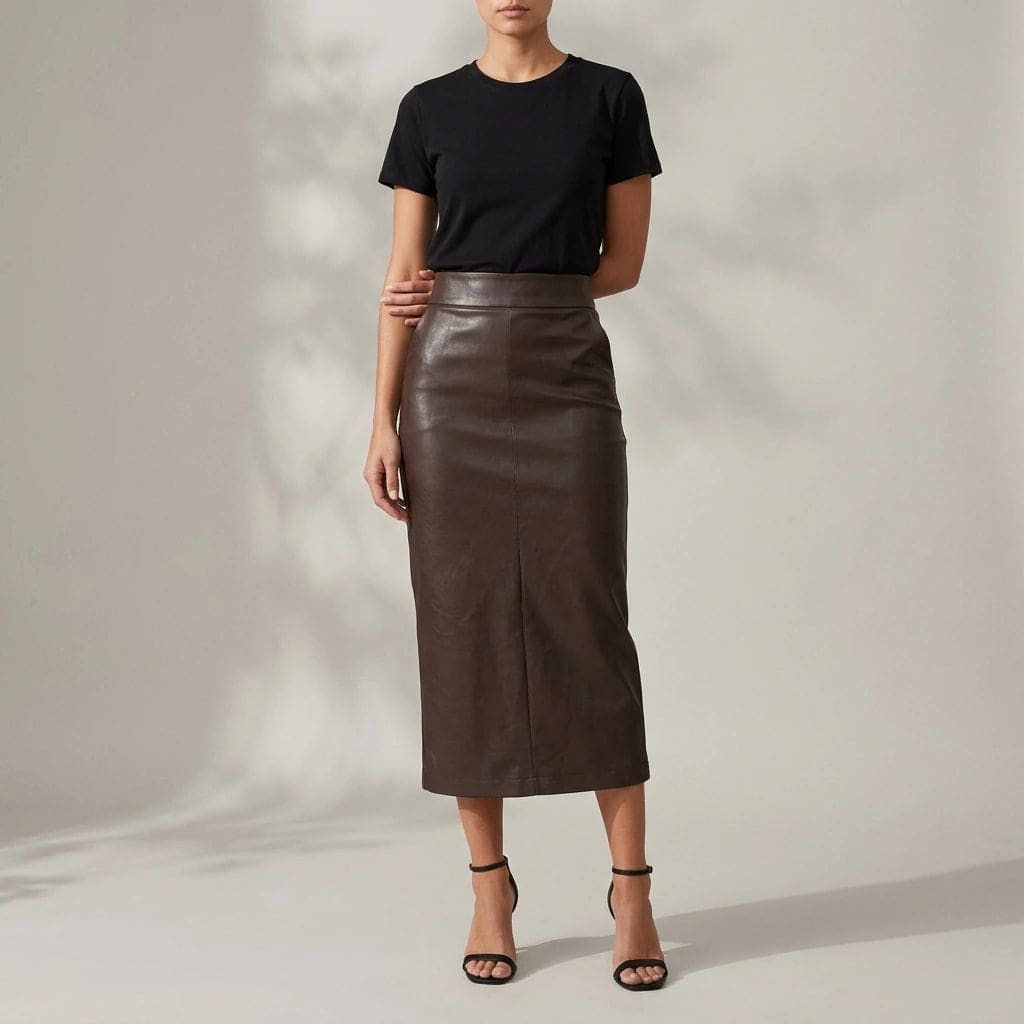 Model i sort t-shirt og højtaljet blank midi-nederdel med split foran og sorte sandaler._0