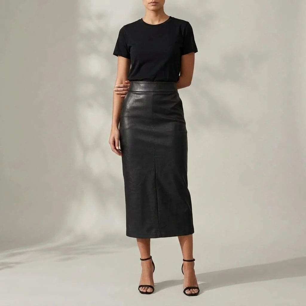 Model i sort t-shirt og højtaljet blank midi-nederdel med split foran og sorte sandaler._1