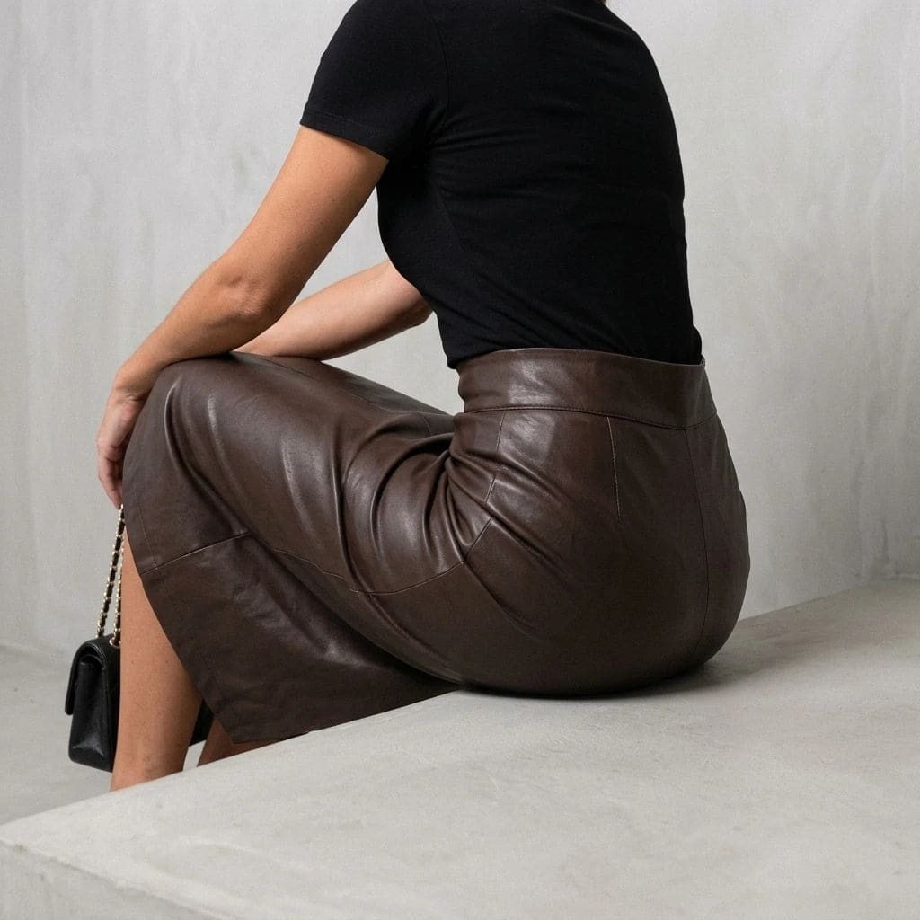 Model i sort t-shirt og højtaljet blank midi-nederdel med split foran og sorte sandaler._11