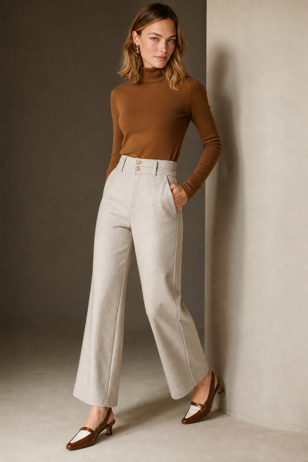 Kvinde iført en brun turtleneck og beige wide-leg bukser med høj talje, dobbeltknap detalje og mørkebrune stiletter._0