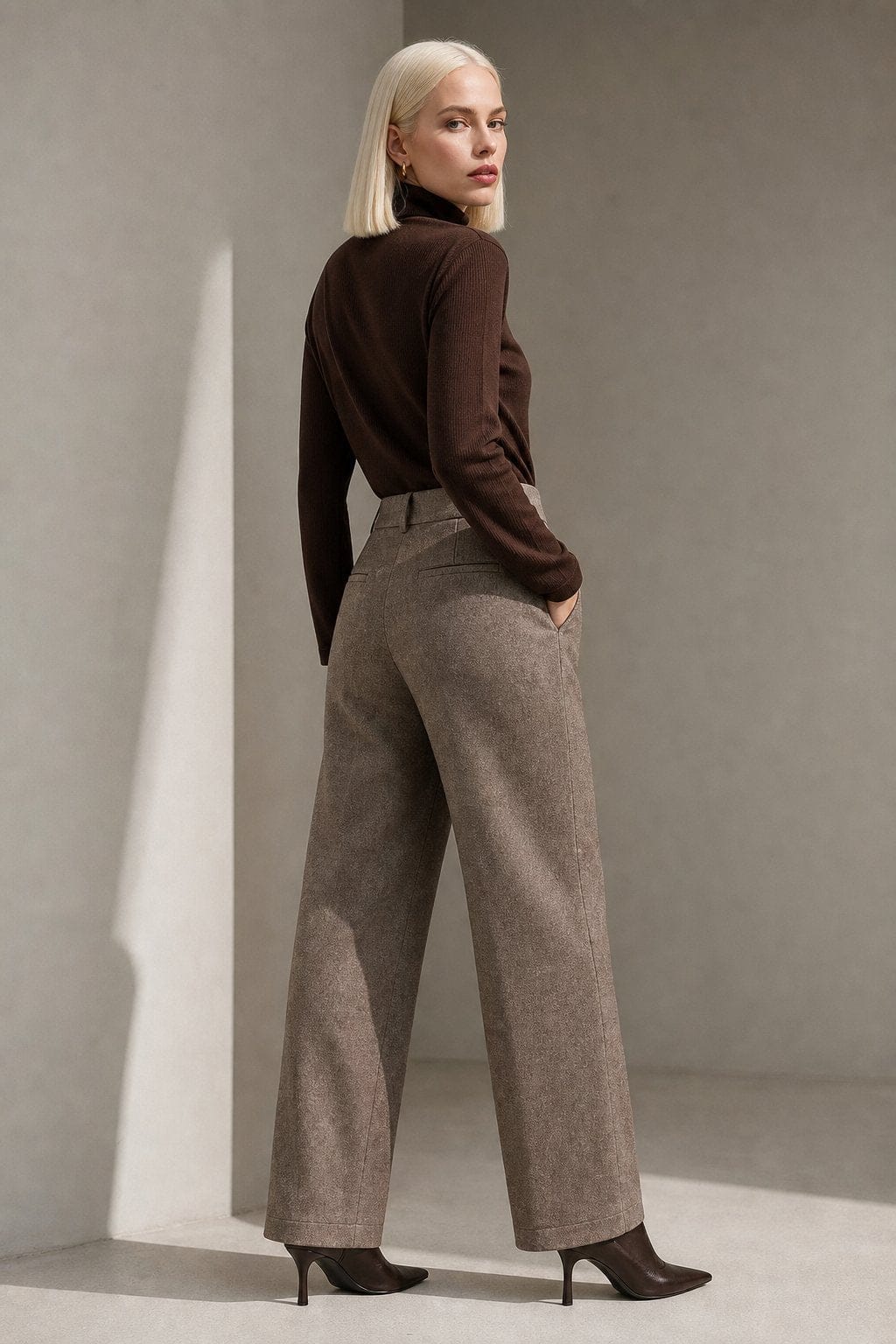 Kvinde iført en brun turtleneck og beige wide-leg bukser med høj talje, dobbeltknap detalje og mørkebrune stiletter._2