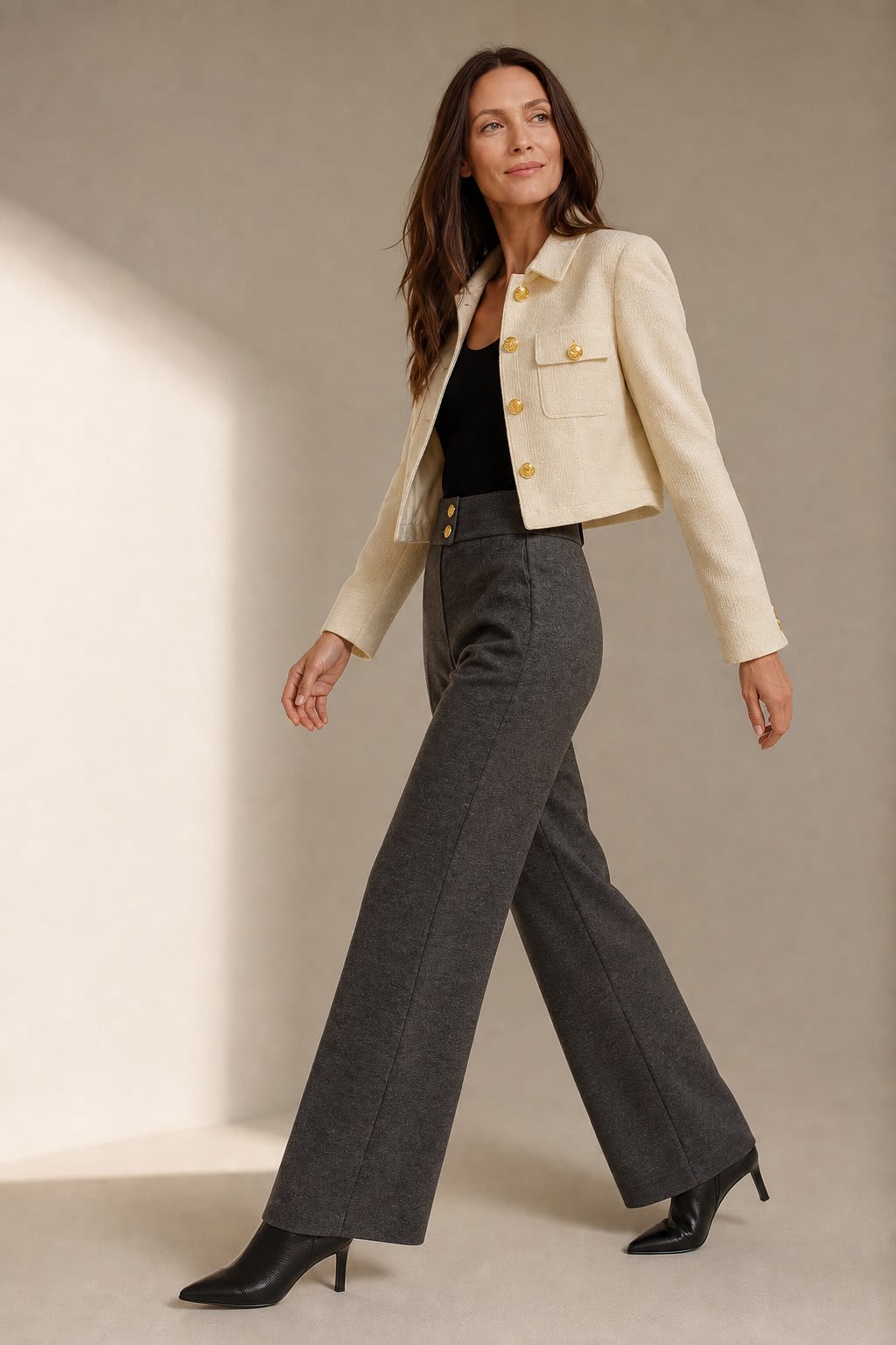 Kvinde iført en brun turtleneck og beige wide-leg bukser med høj talje, dobbeltknap detalje og mørkebrune stiletter._4