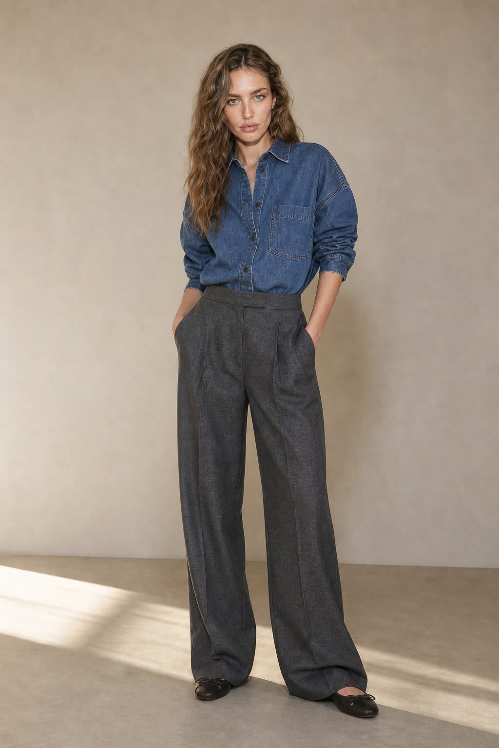 Model iført wide leg bukser med høj talje og plissering, stylet med denim skjorte._0
