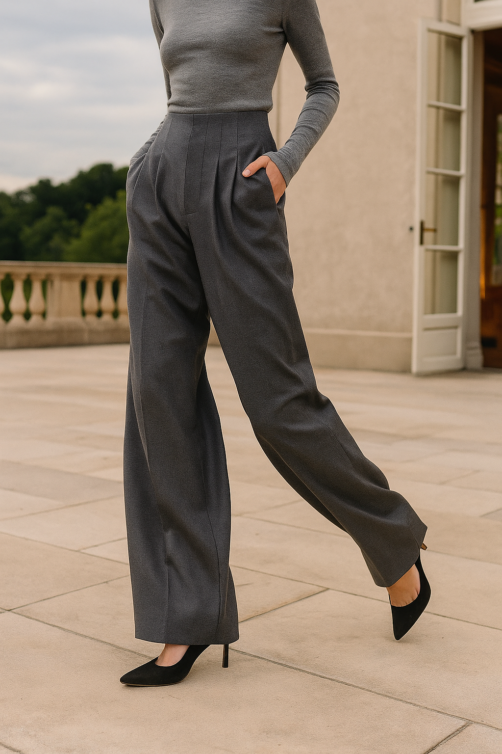 Model iført wide leg bukser med høj talje og plissering, stylet med denim skjorte._17