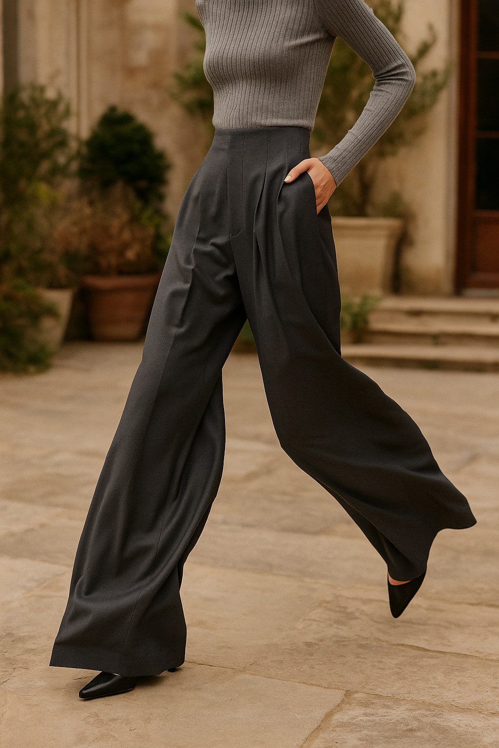 Model iført wide leg bukser med høj talje og plissering, stylet med denim skjorte._18