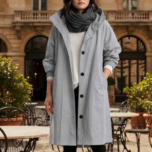 Kvinde iført lang grå windbreaker jakke med hætte, oversized pasform og knapper foran, stylet med lyst tøj og tørklæde i urban setting_0