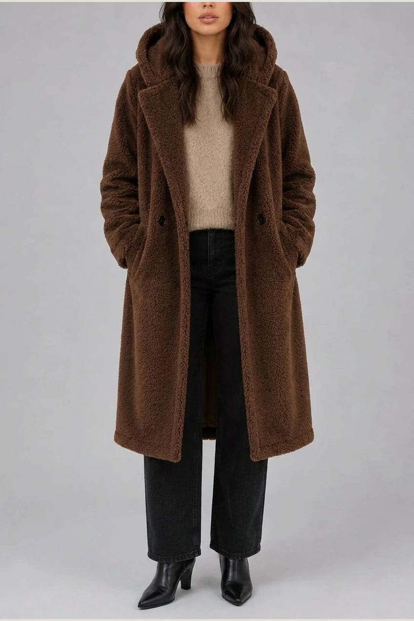 Lang teddyfrakke med hætte, brede revers, to knapper foran og sidelommer, styles med jeans og ankelstøvler._8